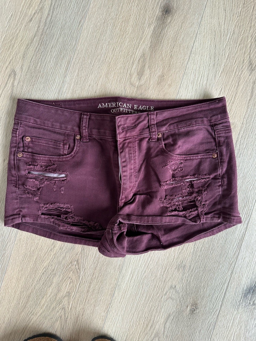 American Eagle Outfitters Maroon Distressed Shortie Denim Shorts
